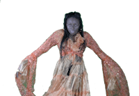 a woman in a long orange dress is standing in front of a white background